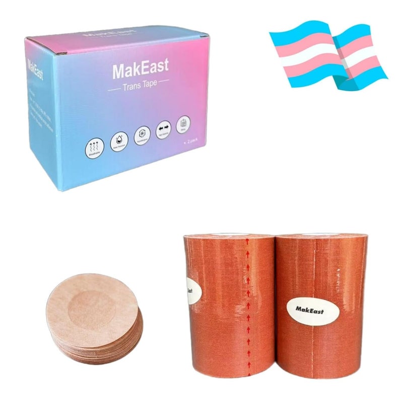 MakEast 2 Rolls Trans Tape for Transitioning Extra Wide Chest Binding Tape Latex Free FTM Chest Binder with Nipple Covers Ultra Sticky Waterproof & Flexible 4 in X 16.5 ft (Tan) - Image 1